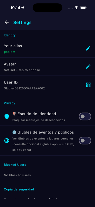 Settings screen